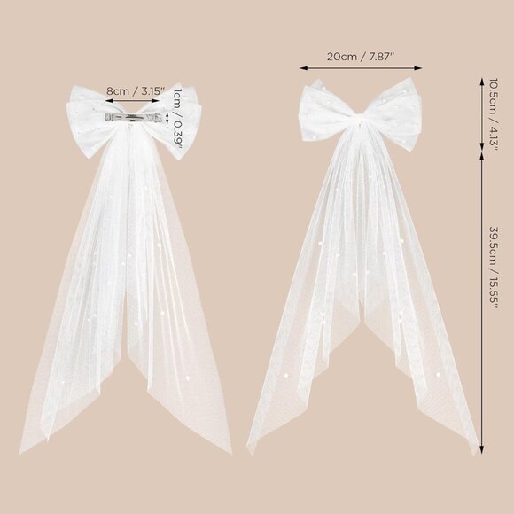 🆕 Women White Bridal Hair Bow Veil Bow Clip Bachelorette Accessories - Picture 3 of 9